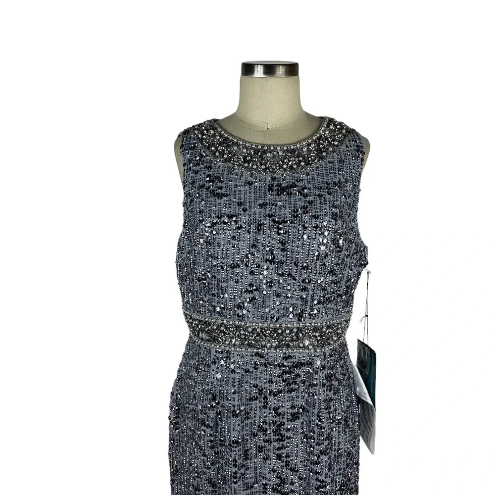 MAC DUGGAL 10739 Steel Gray Blue Embellished Sleeveless High Neck Midi Size 10 - Picture 8 of 10